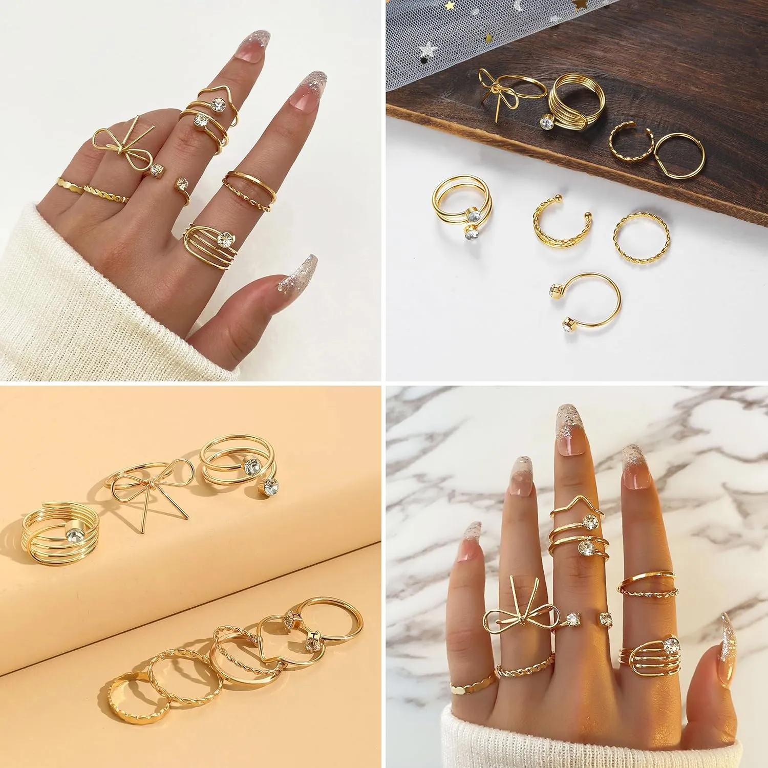 HUASAI Gold Stackable Rings for Women Pearl Leaf Ring Set Cubic Zirconia Heart Butterfly Ring Midi Pinky Thumb Boho Rings Set Birthday Gifts Trendy Stuff