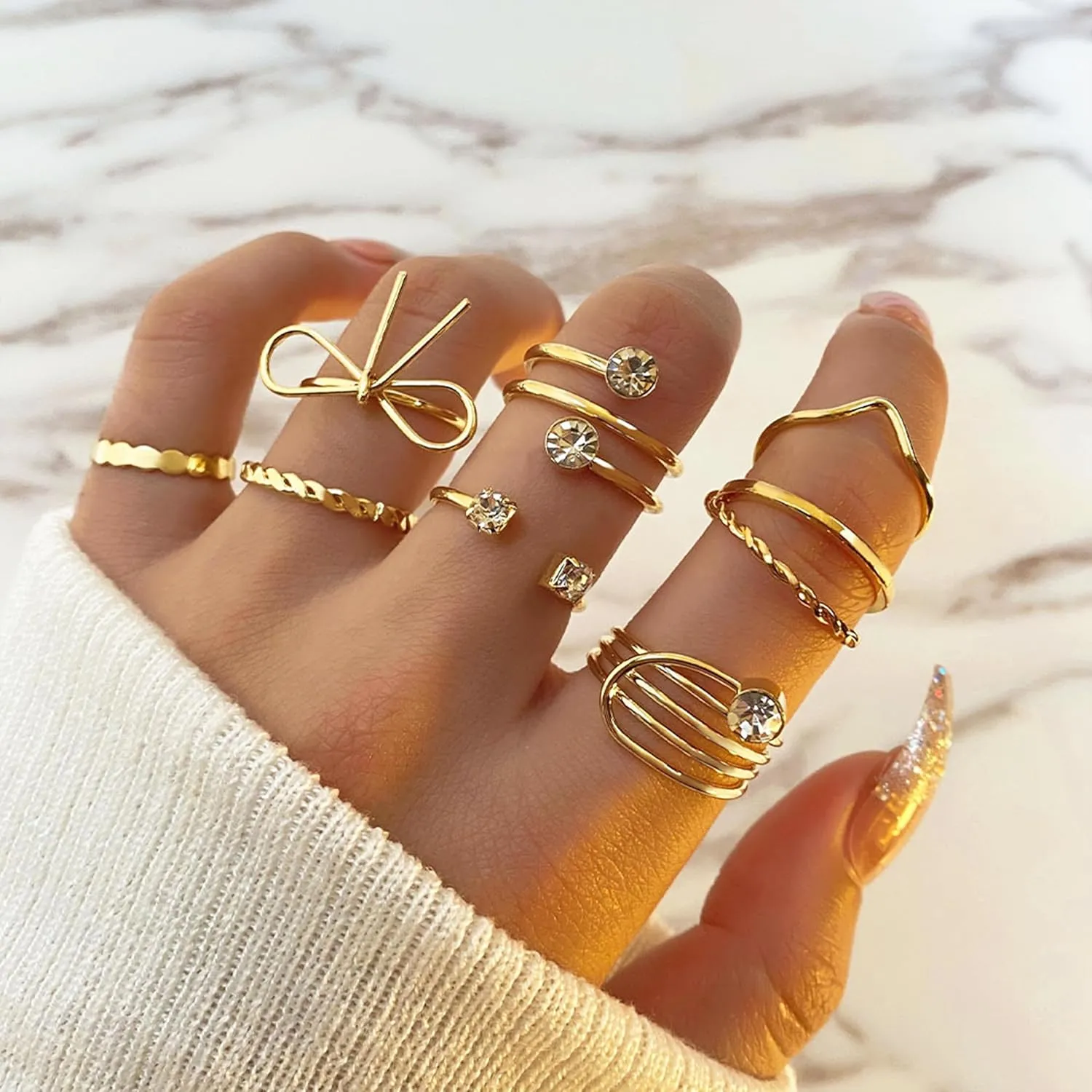 HUASAI Gold Stackable Rings for Women Pearl Leaf Ring Set Cubic Zirconia Heart Butterfly Ring Midi Pinky Thumb Boho Rings Set Birthday Gifts Trendy Stuff