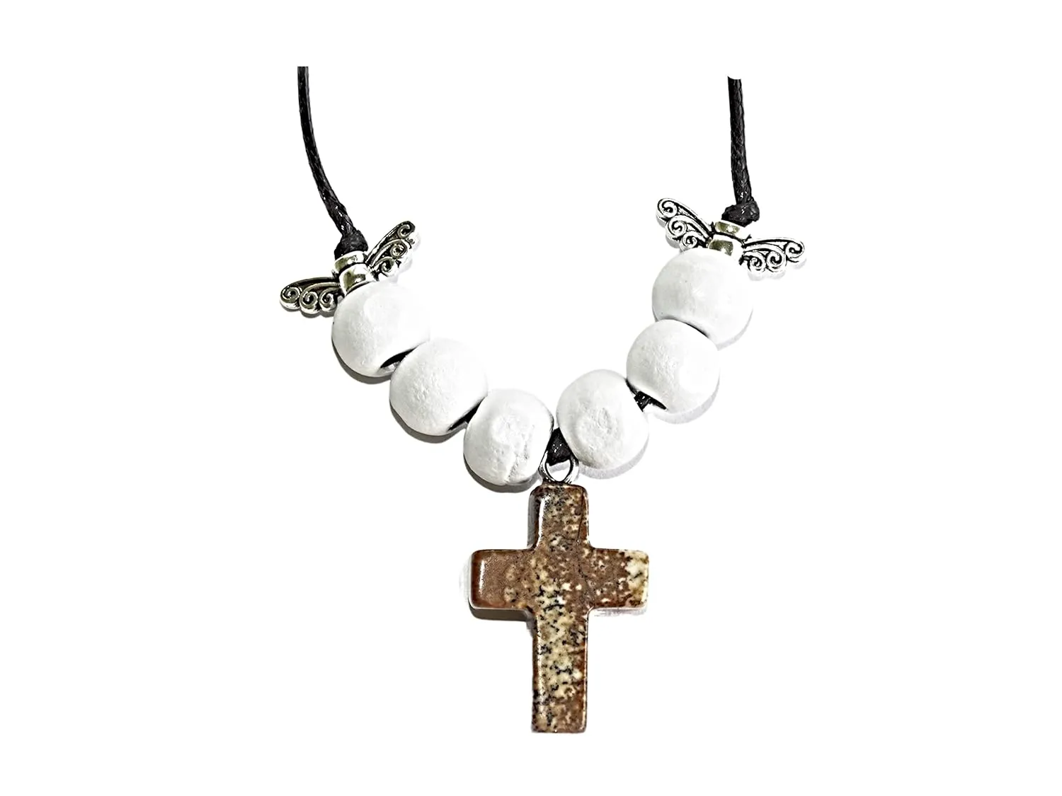 Hubbering Picture Jasper Gem Cross Necklace from The Heard Word Collection Living The Word Jesus Pendant Christian Gift Christian Necklace Cross Gemstone With Angel Wings