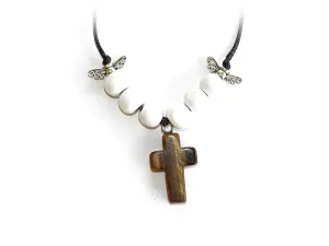 Hubbering Tiger Eye Gem Cross Necklace from The Heard Word Collection Living The Word Jesus Pendant Christian Gift Christian Necklace Cross Gemstone With Angel Wings