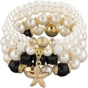 Imitation Pearls Starfish Charm Bracelet for Women Dainty Boho Cute Gold Tone Multi-Layered Crystal Beaded Elastic Adjustable Bangle Fashion Trendy Jewelry for Summer Beach Holiday 7"
