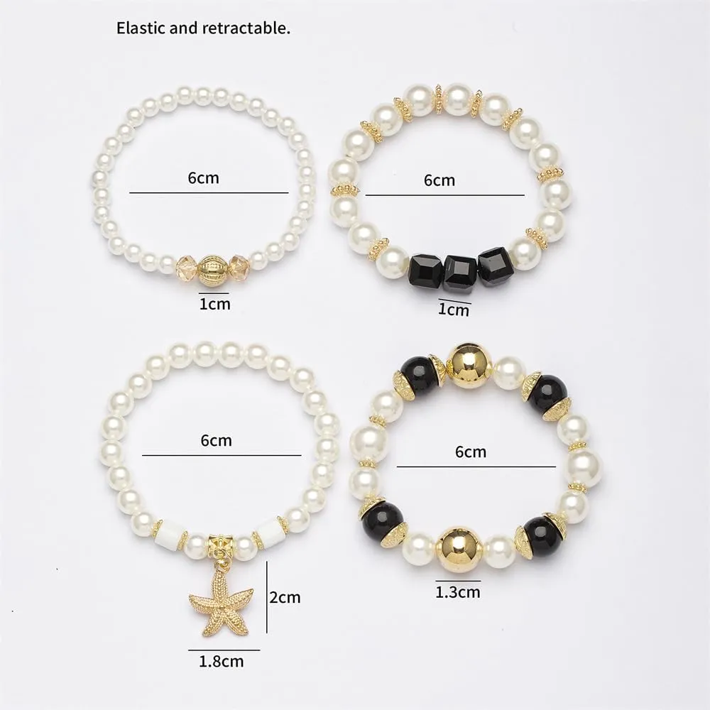 Imitation Pearls Starfish Charm Bracelet for Women Dainty Boho Cute Gold Tone Multi-Layered Crystal Beaded Elastic Adjustable Bangle Fashion Trendy Jewelry for Summer Beach Holiday 7"