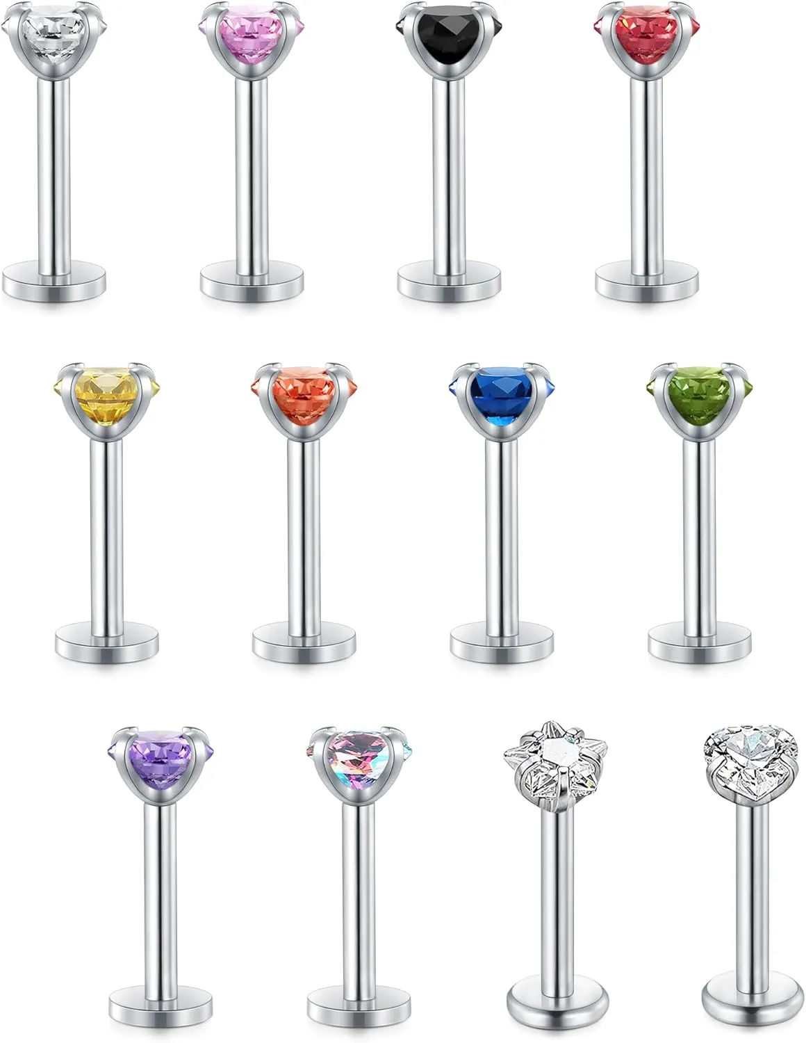 Incaton 16G Mix-Color Diamond CZ Lip Rings Stainless Steel Labret Monroe Nose Cartilage Tragus Helix Stud Ear Piercing Jewelry Heart Star CZ 12 Pcs 8mm Bar
