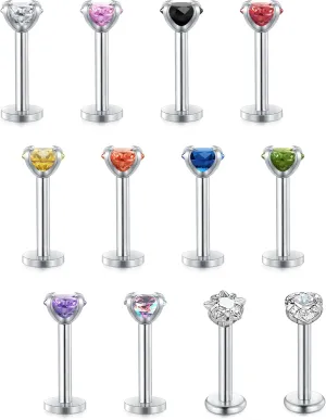 Incaton 16G Mix-Color Diamond CZ Lip Rings Stainless Steel Labret Monroe Nose Cartilage Tragus Helix Stud Ear Piercing Jewelry Heart Star CZ 12 Pcs 8mm Bar