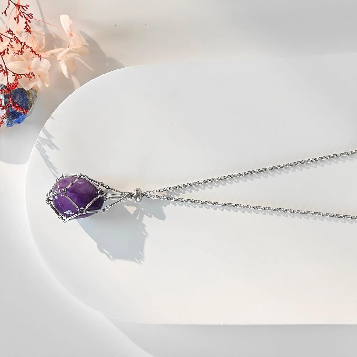 Interchangeable Crystal Holder Necklace,Crystal Stone Cage Pendant Necklace,Stainless Steel Crystal Gemstone Holder Necklaces for Women Men