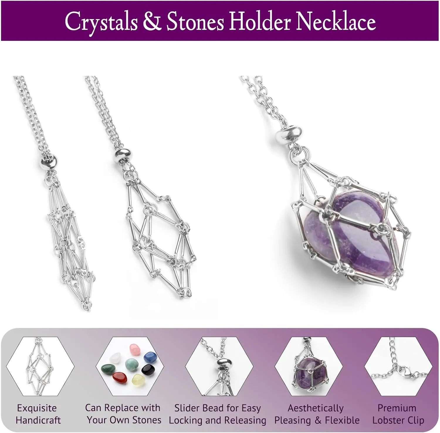 Interchangeable Crystal Holder Necklace,Crystal Stone Cage Pendant Necklace,Stainless Steel Crystal Gemstone Holder Necklaces for Women Men