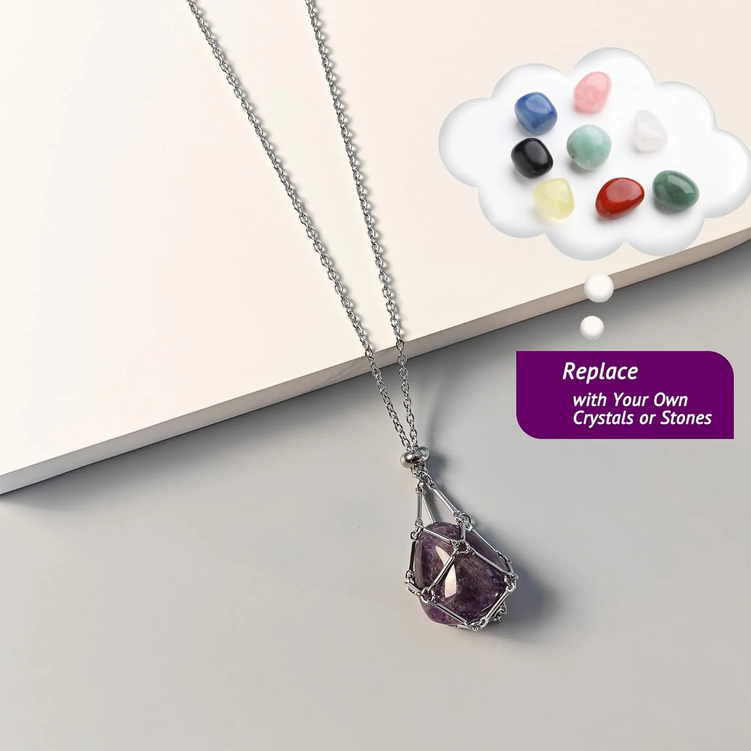 Interchangeable Crystal Holder Necklace,Crystal Stone Cage Pendant Necklace,Stainless Steel Crystal Gemstone Holder Necklaces for Women Men