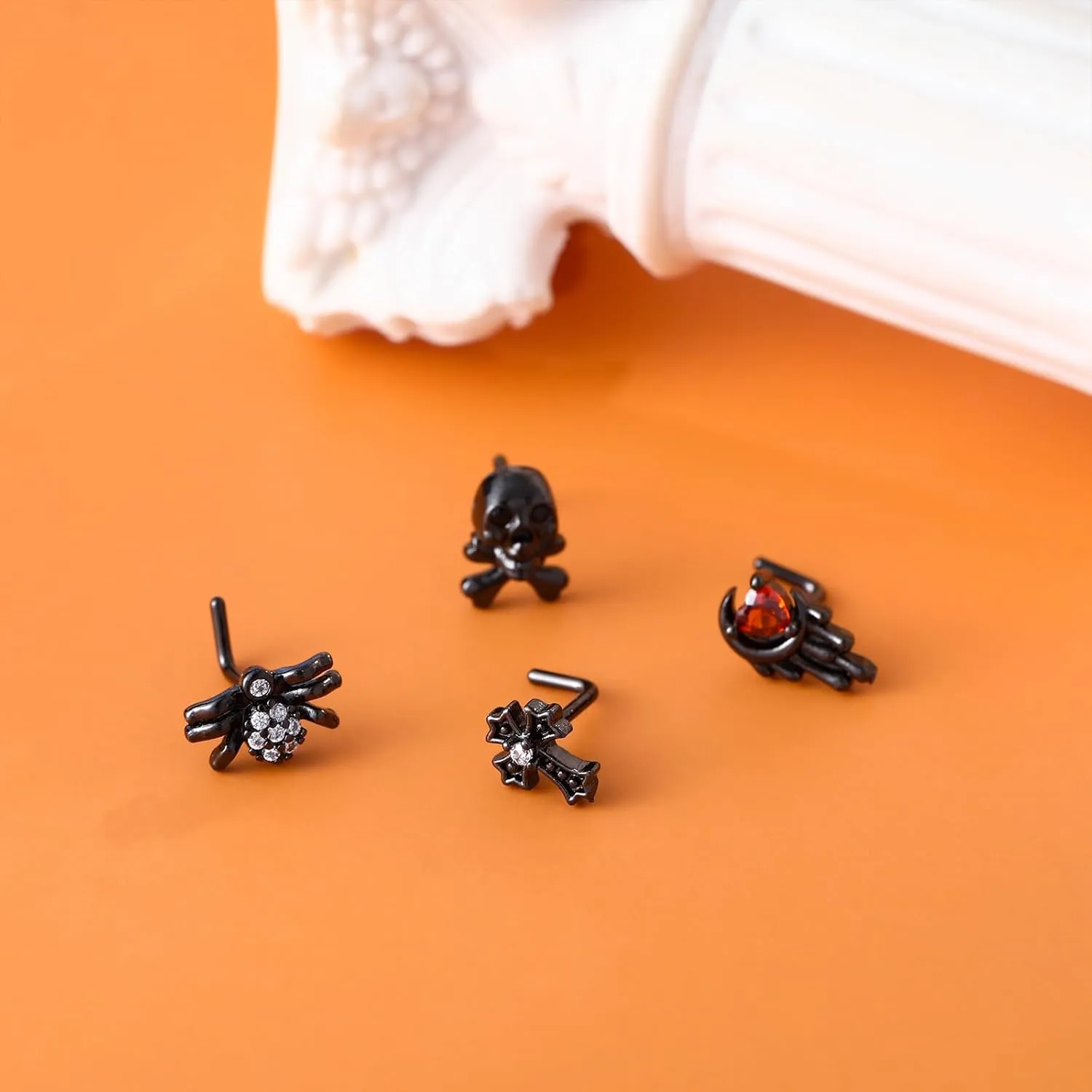 INTIMATE LOVER Nose Rings, 20G Halloween Nose Studs, Stainless Steel 316L L-Shaped Nose Rings Set, Spider L Bend Nose Screws Cross Skull Gothic Nose Piercing Jewelry