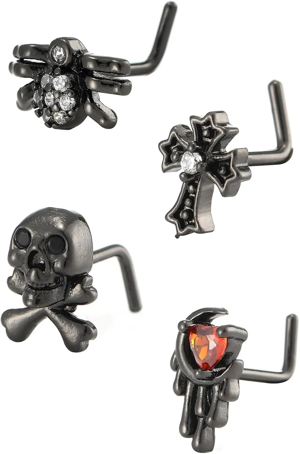 INTIMATE LOVER Nose Rings, 20G Halloween Nose Studs, Stainless Steel 316L L-Shaped Nose Rings Set, Spider L Bend Nose Screws Cross Skull Gothic Nose Piercing Jewelry