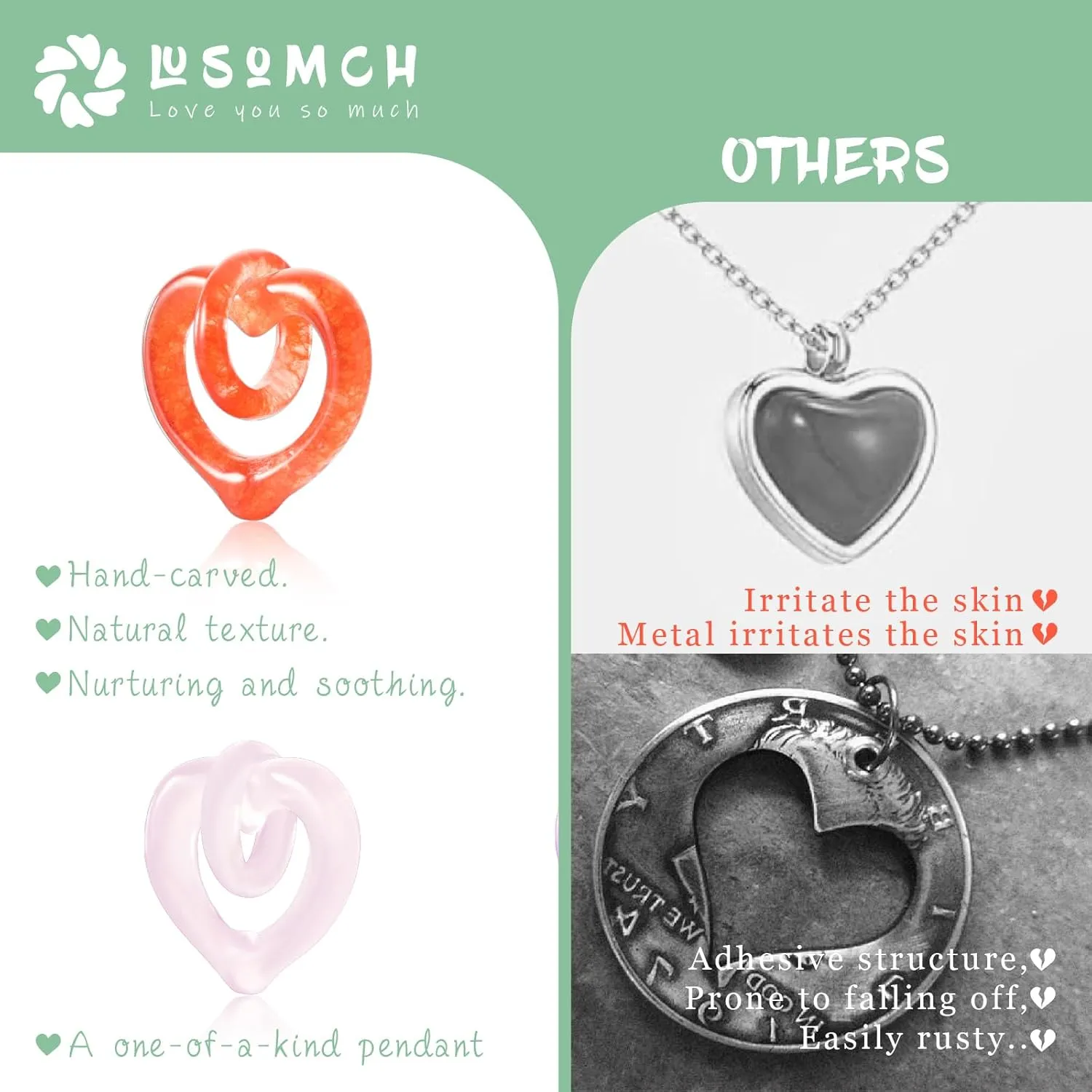 Jade Pendant Necklace Jewelry for Women Heart Pendant Necklace Simple Necklaces for Women Valentine's Day Gifts for Wife, Girlfriend, Mom or Lover