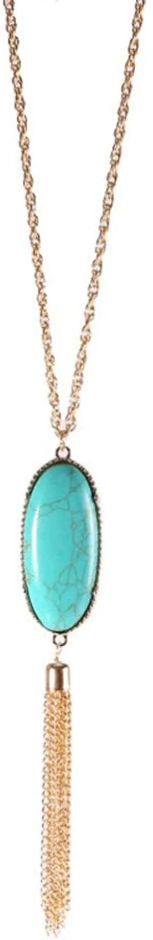 JczR.Y Turquoise Necklaces for Women Long Tassel Sweater Chain Necklace Natural Oval Turquoise Stone Sweater Chain Pendant Necklace Fashion Jewelry Gift