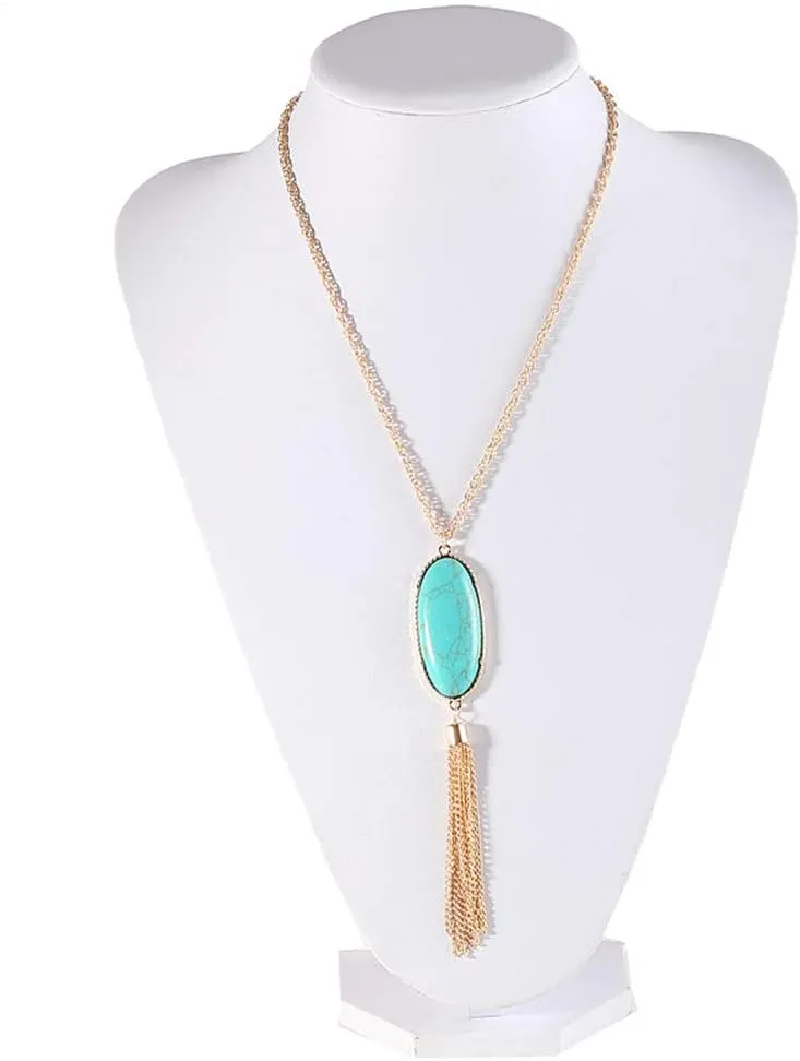 JczR.Y Turquoise Necklaces for Women Long Tassel Sweater Chain Necklace Natural Oval Turquoise Stone Sweater Chain Pendant Necklace Fashion Jewelry Gift