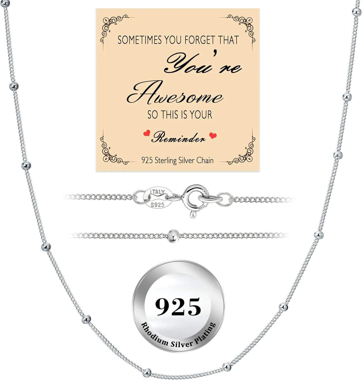 JENDEAR Italian Solid 925 Sterling Silver Chain for Women, Box Cable Rope Station Necklace Chains, Nickel-Free & Hypoallergenic, Thin & Dainty & Sturdy, Perfect for Pendants & Everyday Jewelry