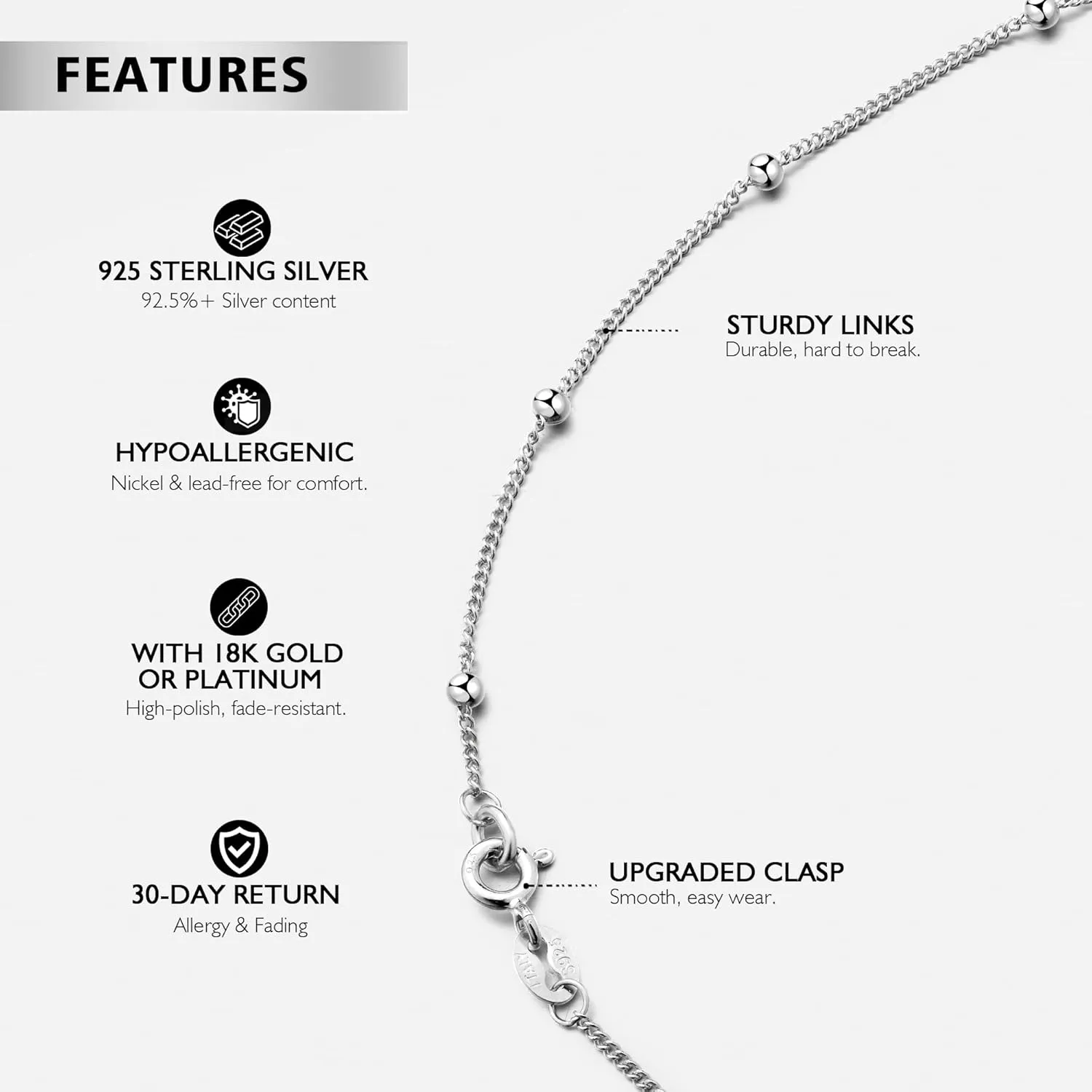 JENDEAR Italian Solid 925 Sterling Silver Chain for Women, Box Cable Rope Station Necklace Chains, Nickel-Free & Hypoallergenic, Thin & Dainty & Sturdy, Perfect for Pendants & Everyday Jewelry