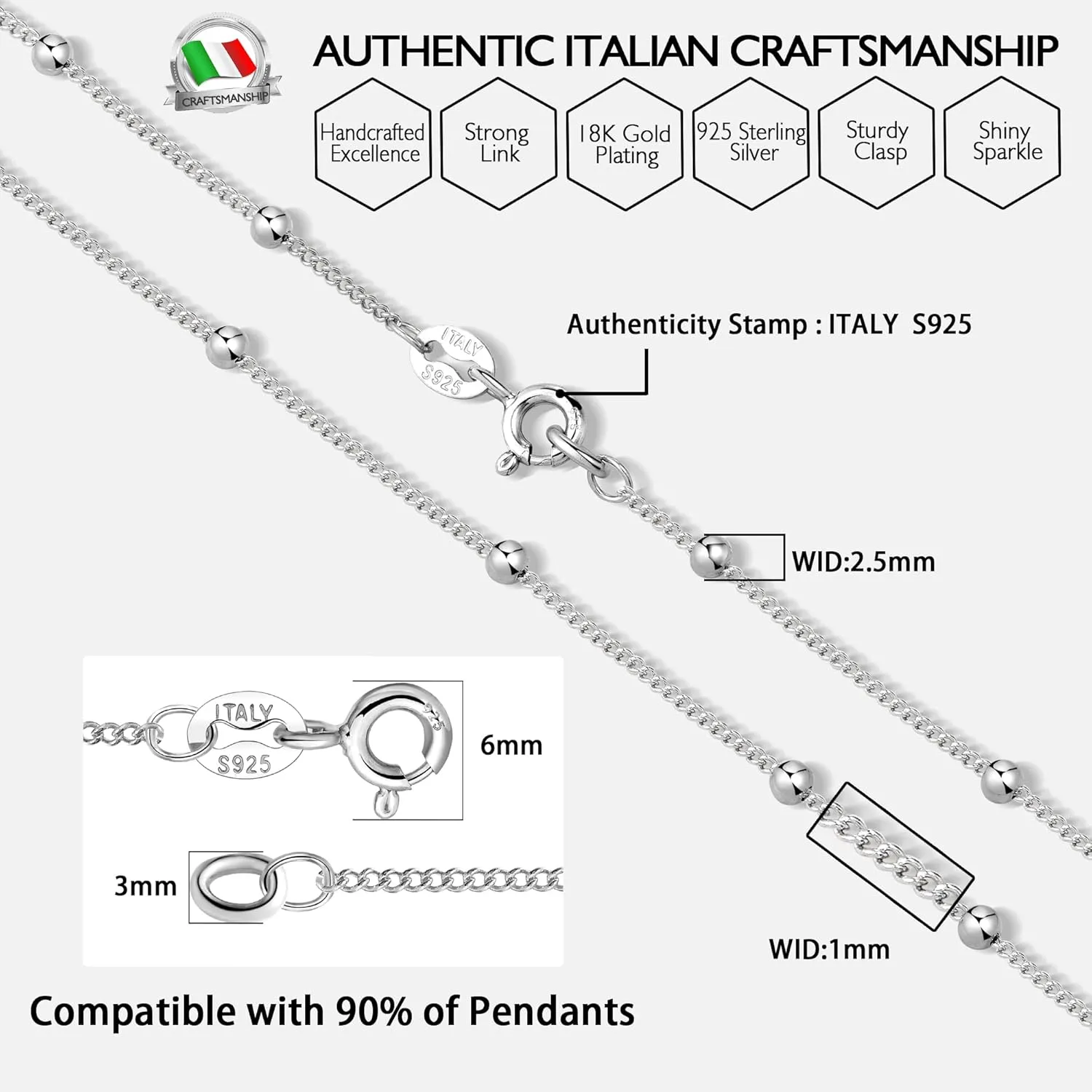 JENDEAR Italian Solid 925 Sterling Silver Chain for Women, Box Cable Rope Station Necklace Chains, Nickel-Free & Hypoallergenic, Thin & Dainty & Sturdy, Perfect for Pendants & Everyday Jewelry
