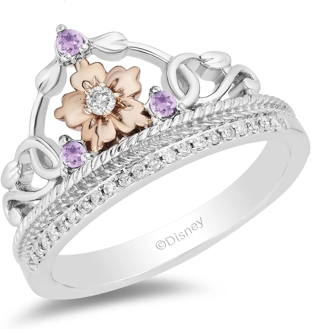 Jewelili Enchanted Disney Fine Jewelry 14K Rose Gold Over Sterling Silver 2.0 MM Round Rose-de-France and 1/10 Cttw Natural White Round Diamonds Rapunzel Ring