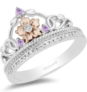 Jewelili Enchanted Disney Fine Jewelry 14K Rose Gold Over Sterling Silver 2.0 MM Round Rose-de-France and 1/10 Cttw Natural White Round Diamonds Rapunzel Ring