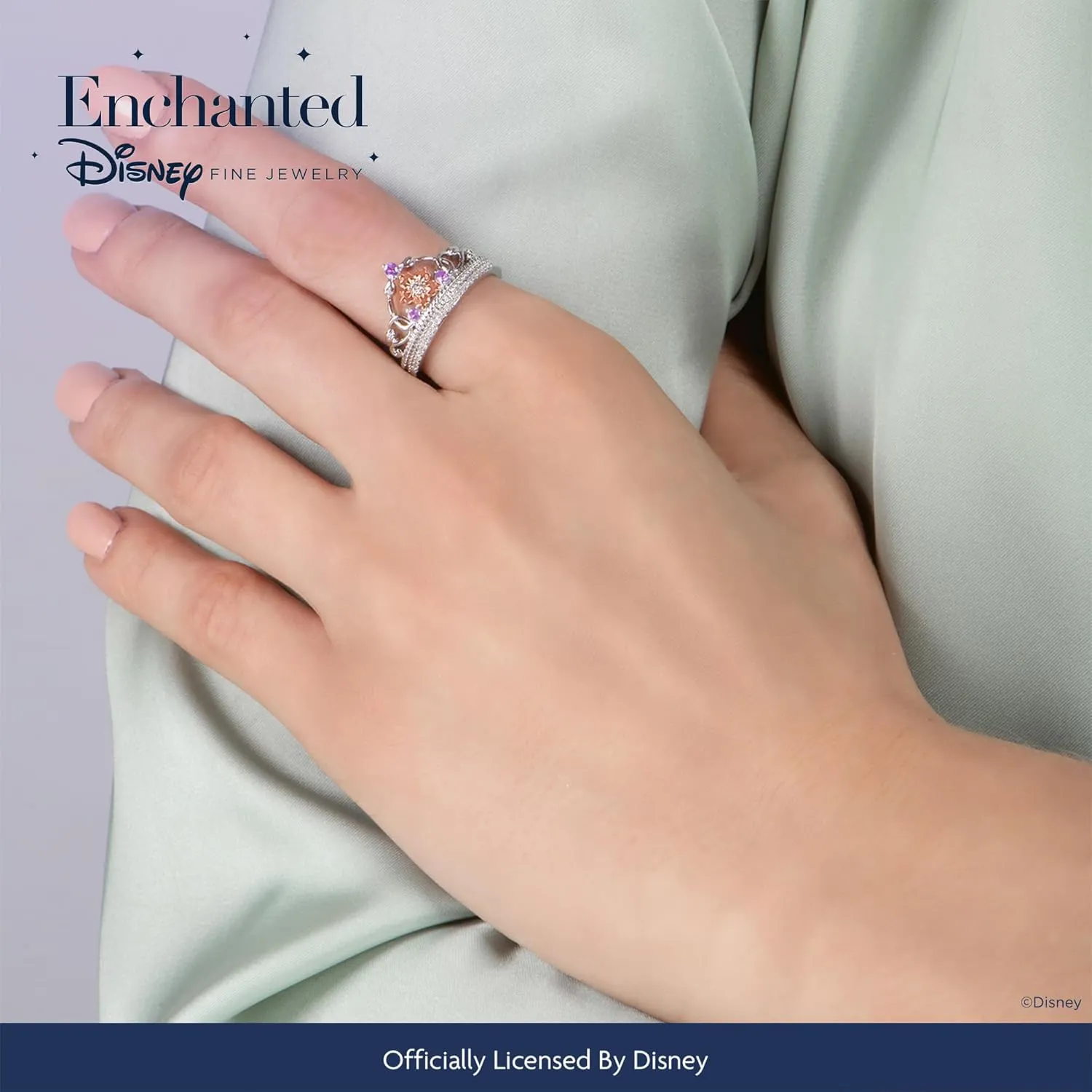 Jewelili Enchanted Disney Fine Jewelry 14K Rose Gold Over Sterling Silver 2.0 MM Round Rose-de-France and 1/10 Cttw Natural White Round Diamonds Rapunzel Ring