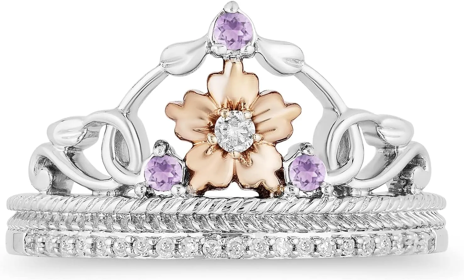 Jewelili Enchanted Disney Fine Jewelry 14K Rose Gold Over Sterling Silver 2.0 MM Round Rose-de-France and 1/10 Cttw Natural White Round Diamonds Rapunzel Ring