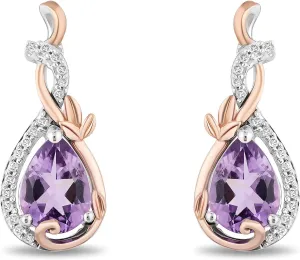 Jewelili Enchanted Disney Fine Jewelry 14K Rose Gold over Sterling Silver with 1/10 Cttw Diamond Amethyst Rapunzel Dangle Earrings