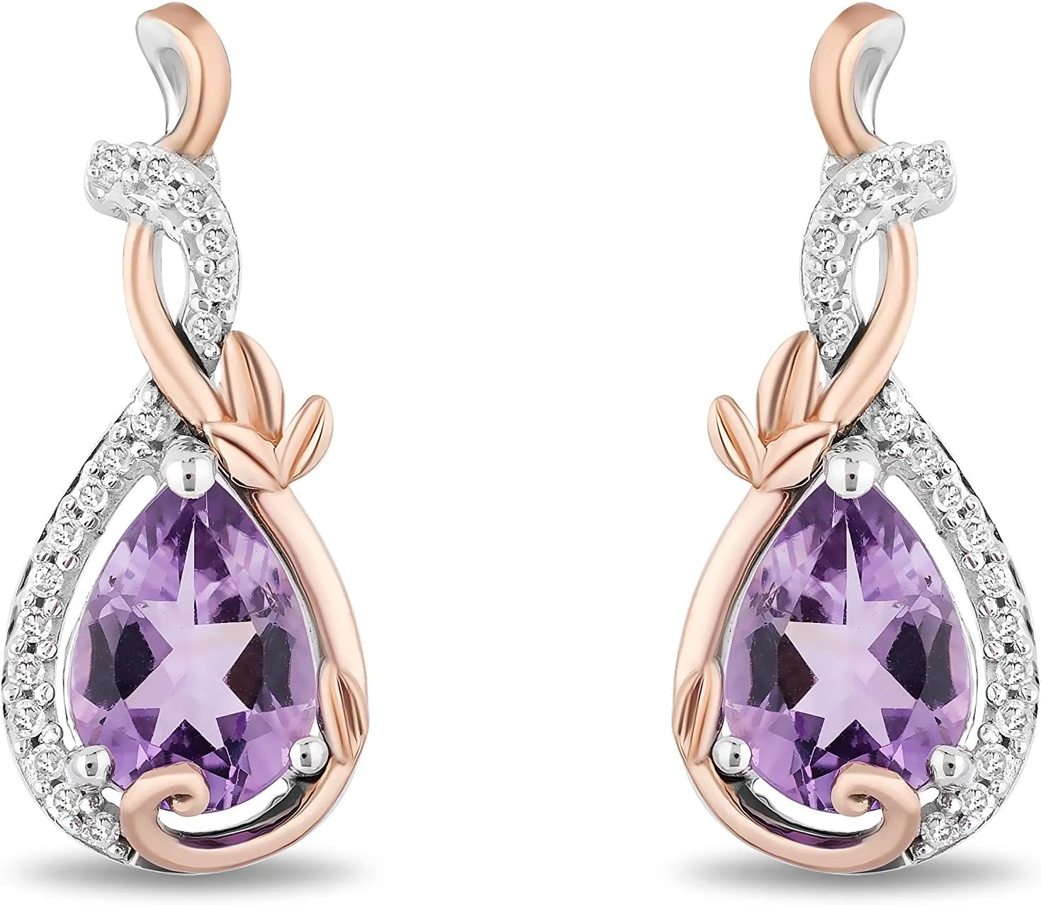 Jewelili Enchanted Disney Fine Jewelry 14K Rose Gold over Sterling Silver with 1/10 Cttw Diamond Amethyst Rapunzel Dangle Earrings