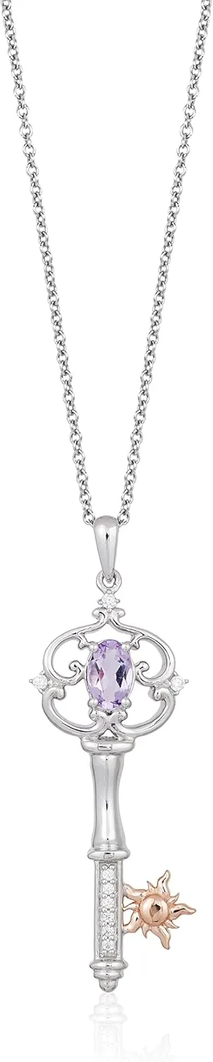 Jewelili Enchanted Disney Fine Jewelry 14K Rose Gold over Sterling Silver with 1/20 CTTW Natural White Round Diamond and Rose-De-France Rapunzel Key Pendant Necklace, 18" Cable Chain