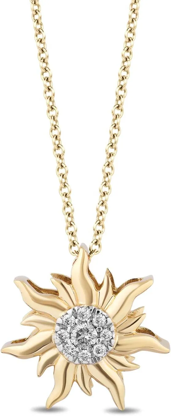 Jewelili Enchanted Disney Fine Jewelry 14k Yellow Gold 1/10 Cttw Diamond Rapunzel Sun Pendant