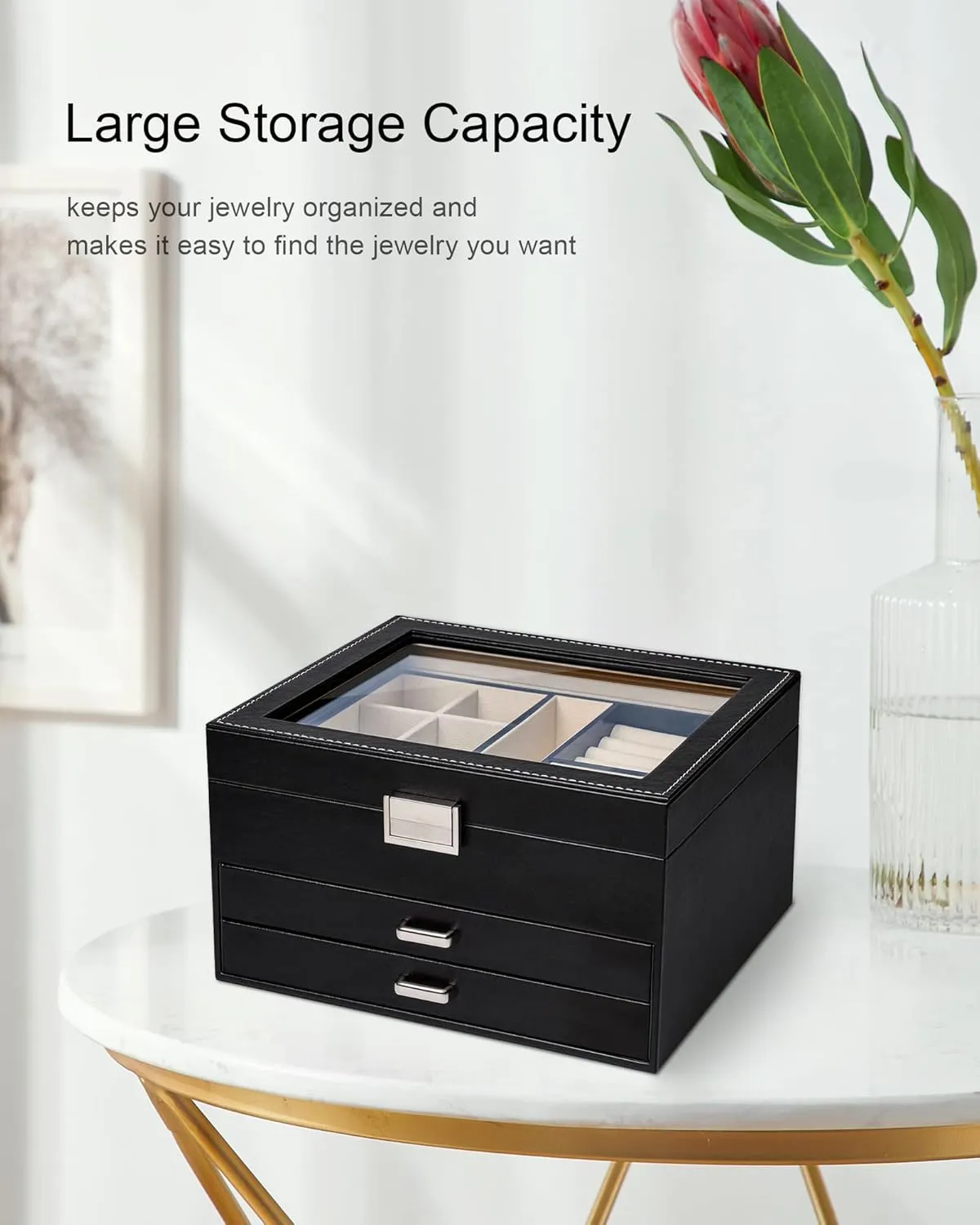 Jewelry Box with Glass Lid, 3-Tier with 2 Drawers Large Jewelry Organizer Case Ample Storage Space of Rings Earrings Necklace Bracelets jewelry boxes for Women Girls(Elegant Black)