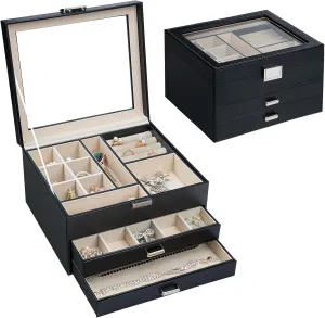 Jewelry Box with Glass Lid, 3-Tier with 2 Drawers Large Jewelry Organizer Case Ample Storage Space of Rings Earrings Necklace Bracelets jewelry boxes for Women Girls(Elegant Black)