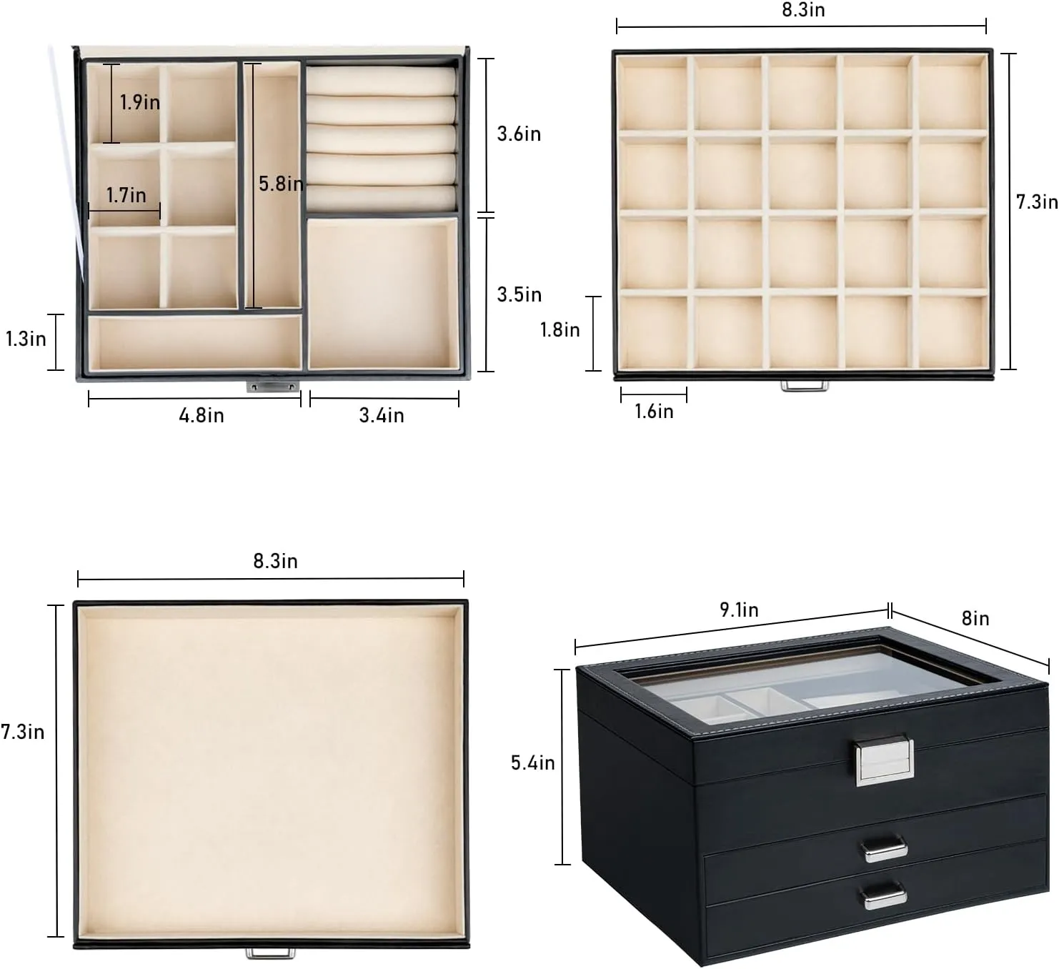 Jewelry Box with Glass Lid, 3-Tier with 2 Drawers Large Jewelry Organizer Case Ample Storage Space of Rings Earrings Necklace Bracelets jewelry boxes for Women Girls(Elegant Black)