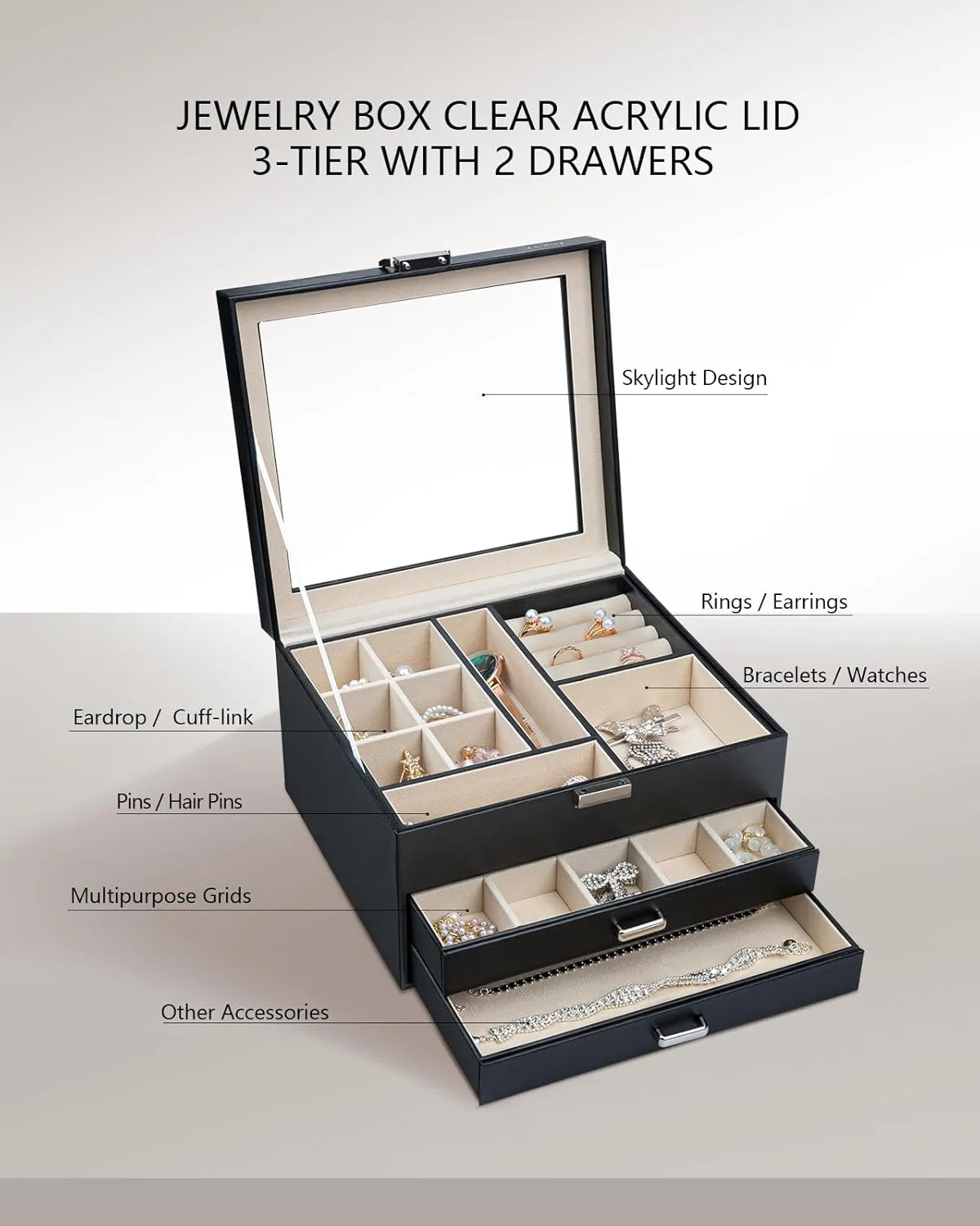 Jewelry Box with Glass Lid, 3-Tier with 2 Drawers Large Jewelry Organizer Case Ample Storage Space of Rings Earrings Necklace Bracelets jewelry boxes for Women Girls(Elegant Black)