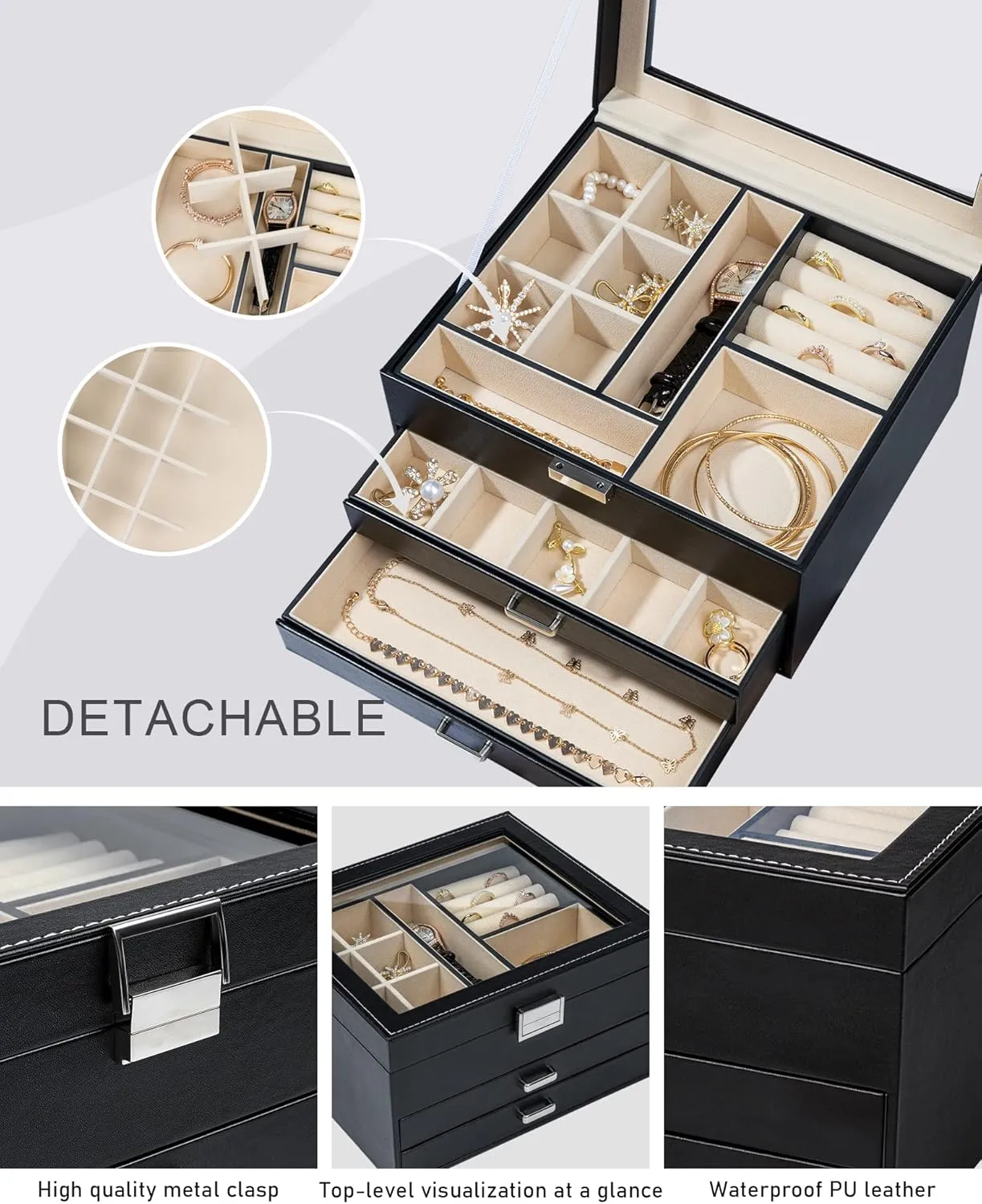Jewelry Box with Glass Lid, 3-Tier with 2 Drawers Large Jewelry Organizer Case Ample Storage Space of Rings Earrings Necklace Bracelets jewelry boxes for Women Girls(Elegant Black)