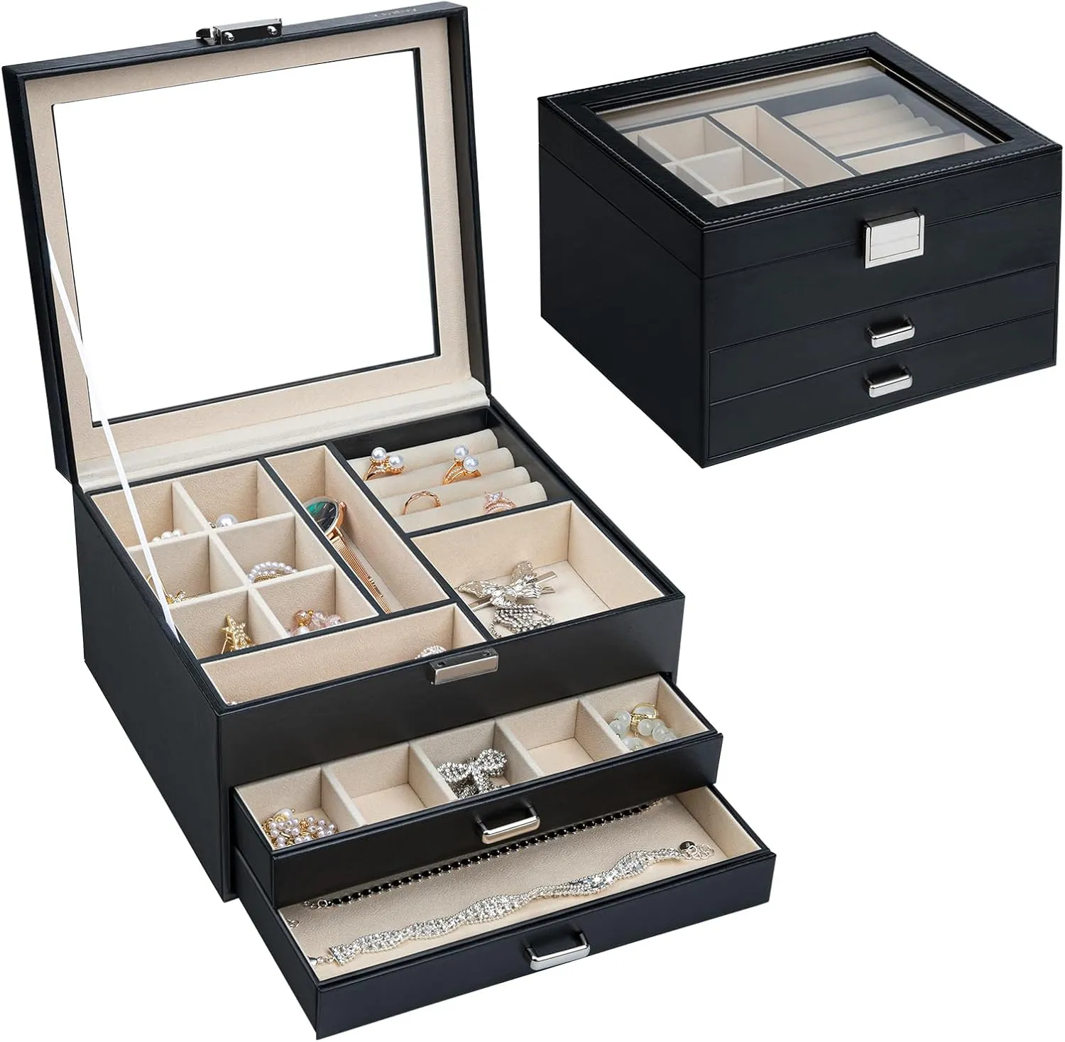 Jewelry Box with Glass Lid, 3-Tier with 2 Drawers Large Jewelry Organizer Case Ample Storage Space of Rings Earrings Necklace Bracelets jewelry boxes for Women Girls(Elegant Black)