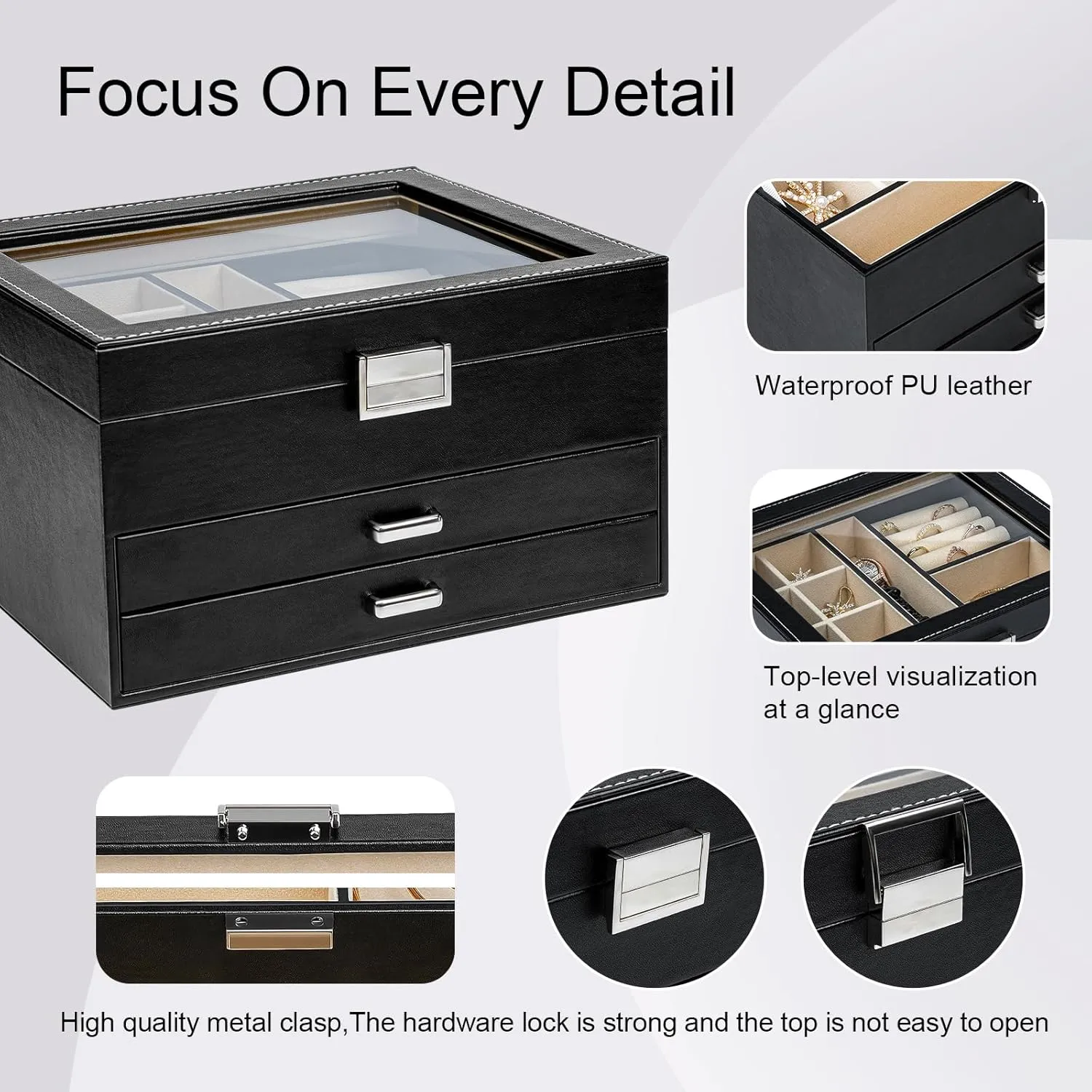 Jewelry Box with Glass Lid, 3-Tier with 2 Drawers Large Jewelry Organizer Case Ample Storage Space of Rings Earrings Necklace Bracelets jewelry boxes for Women Girls(Elegant Black)