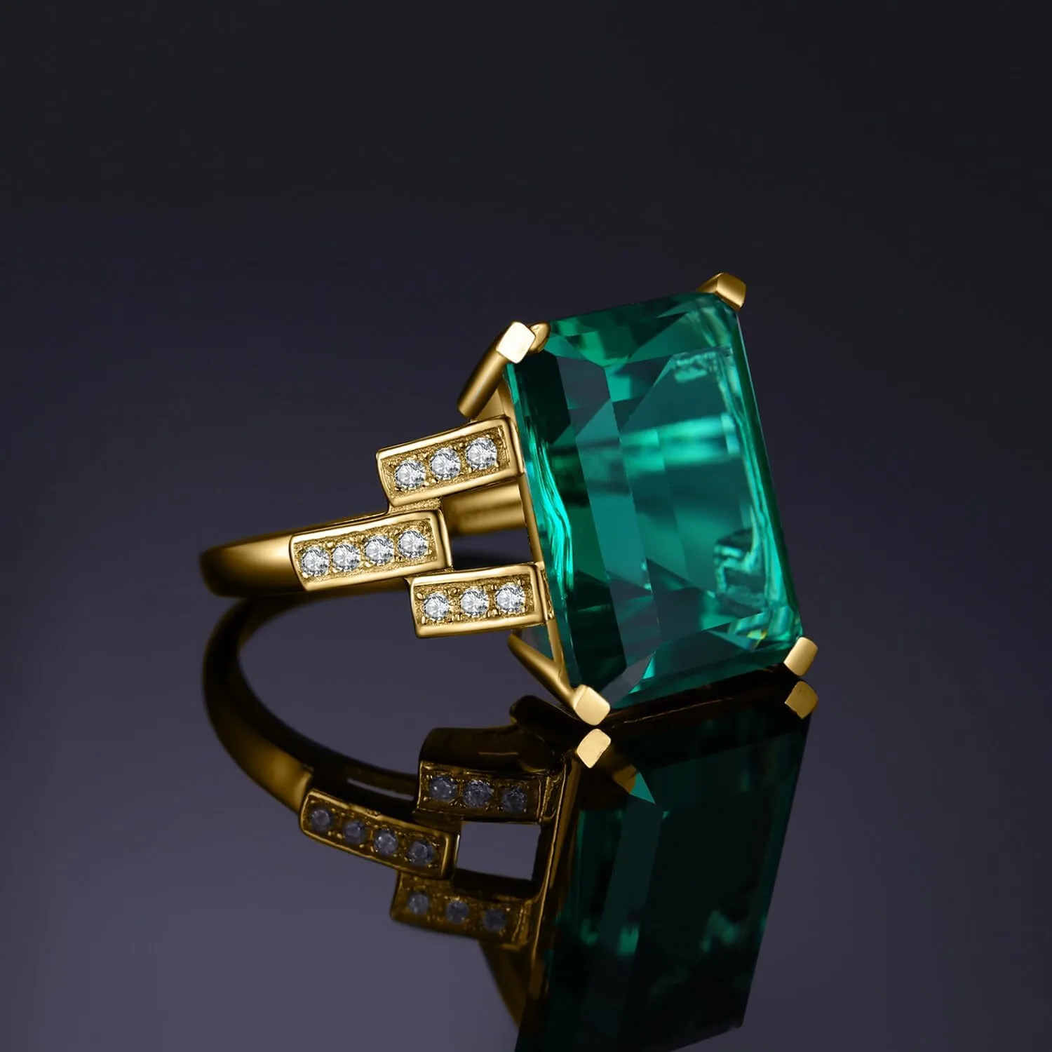 JewelryPalace Emerald Cut 6ct Simulated Emerald Solitaire Cocktail Rings for Women, Green Gemstone 925 Sterling Silver 14k Gold Plated Ring, Gemstone Ring for Girls Jewelry Set