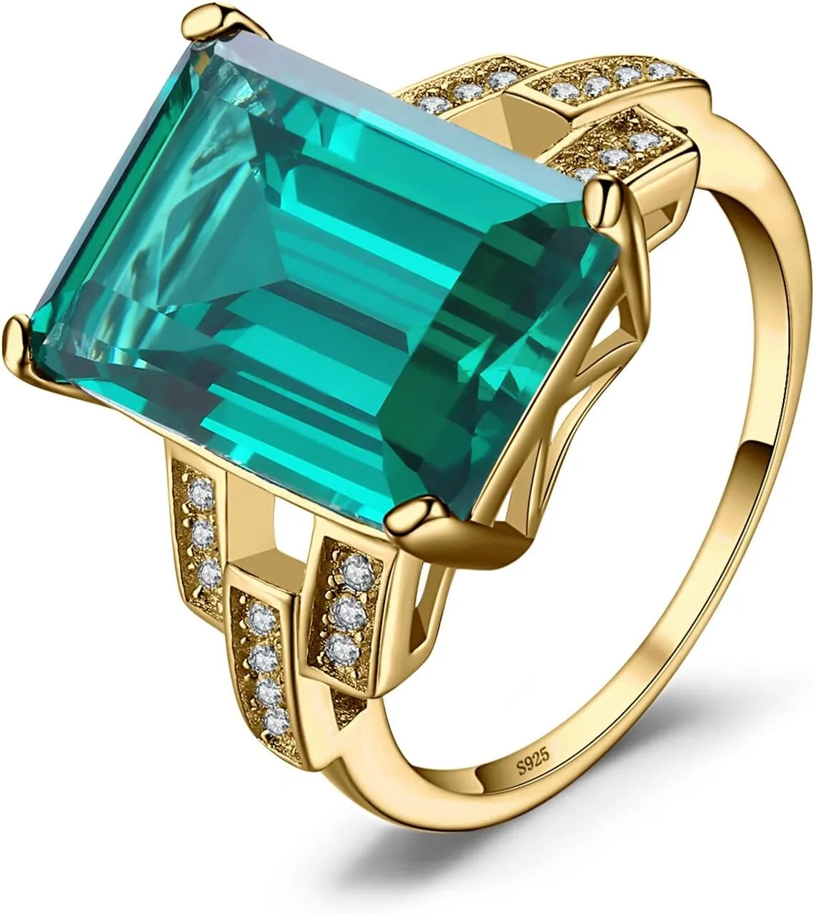 JewelryPalace Emerald Cut 6ct Simulated Emerald Solitaire Cocktail Rings for Women, Green Gemstone 925 Sterling Silver 14k Gold Plated Ring, Gemstone Ring for Girls Jewelry Set