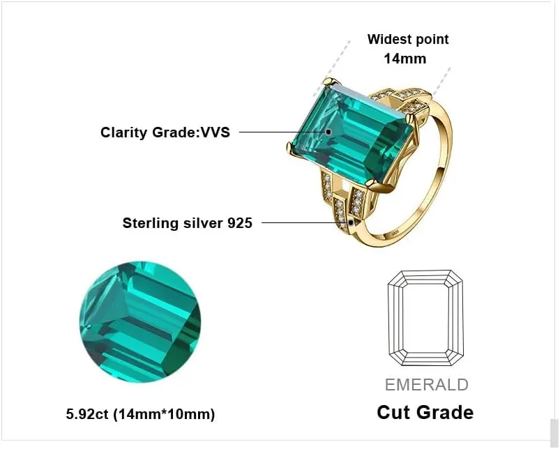 JewelryPalace Emerald Cut 6ct Simulated Emerald Solitaire Cocktail Rings for Women, Green Gemstone 925 Sterling Silver 14k Gold Plated Ring, Gemstone Ring for Girls Jewelry Set