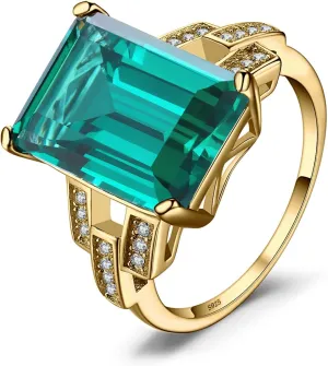 JewelryPalace Emerald Cut 6ct Simulated Emerald Solitaire Cocktail Rings for Women, Green Gemstone 925 Sterling Silver 14k Gold Plated Ring, Gemstone Ring for Girls Jewelry Set