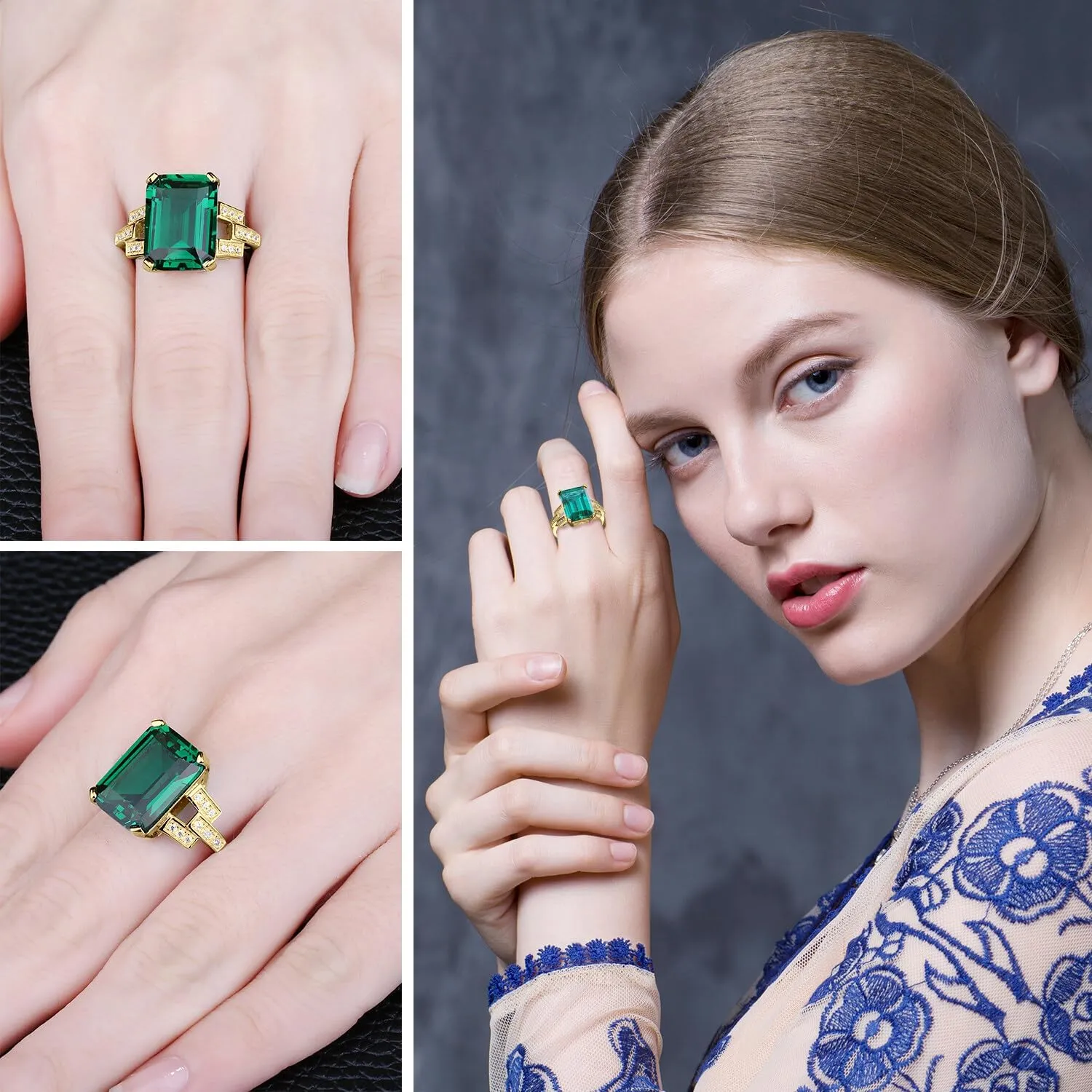 JewelryPalace Emerald Cut 6ct Simulated Emerald Solitaire Cocktail Rings for Women, Green Gemstone 925 Sterling Silver 14k Gold Plated Ring, Gemstone Ring for Girls Jewelry Set
