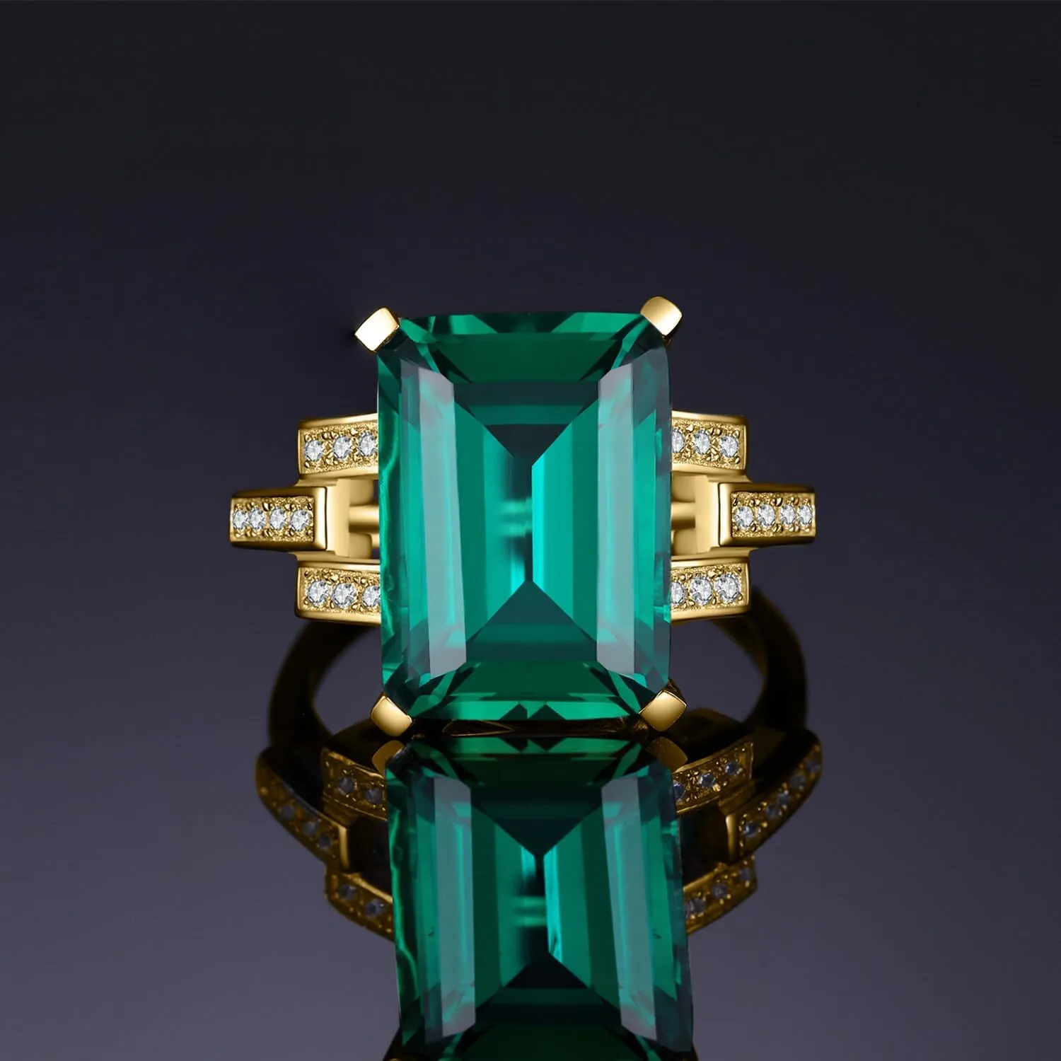 JewelryPalace Emerald Cut 6ct Simulated Emerald Solitaire Cocktail Rings for Women, Green Gemstone 925 Sterling Silver 14k Gold Plated Ring, Gemstone Ring for Girls Jewelry Set