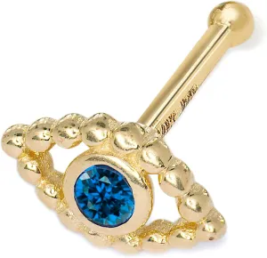 Jewelryweb - 14k Real Yellow Gold Evil Eye with Blue CZ 20G 6x3mm Nose Stud - Cubic Zirconia Piercing Jewelry for Women - Hypoallergenic Nose Ring - Elegant Minimalist Protection Gold Nose Piercing Accessory (Yellow Gold)