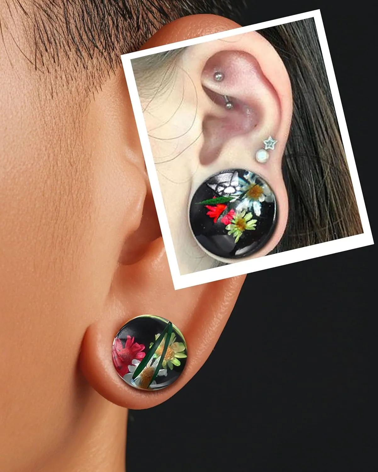 Jewseen 2Pcs Flower Ear Gauges Ear Tunnels Black Ear Plugs Resin Tunnels Gauges Plugs Flower Gauges Piercing Jewelry for Women 2g-1