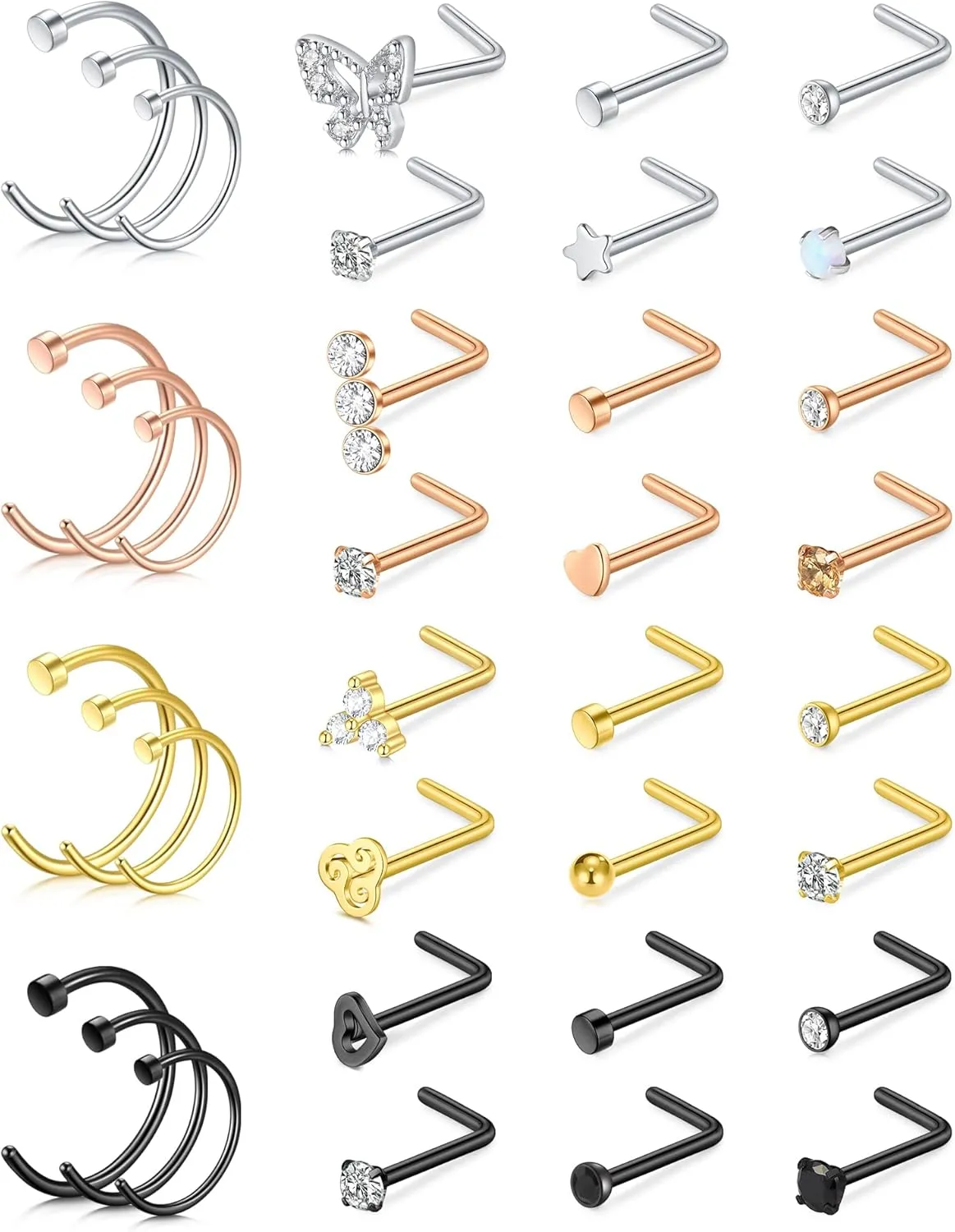 JFORYOU 20G Nose Studs Nose Rings Hoop Surgical Steel CZ Opal Nose Rings Piercings Hoop Jewelry Various Style and Color