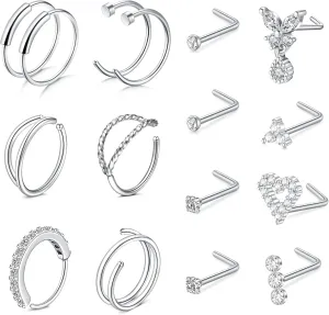 JFORYOU 20G Nose Studs Nose Rings Hoop Surgical Steel CZ Opal Nose Rings Piercings Hoop Jewelry Various Style and Color