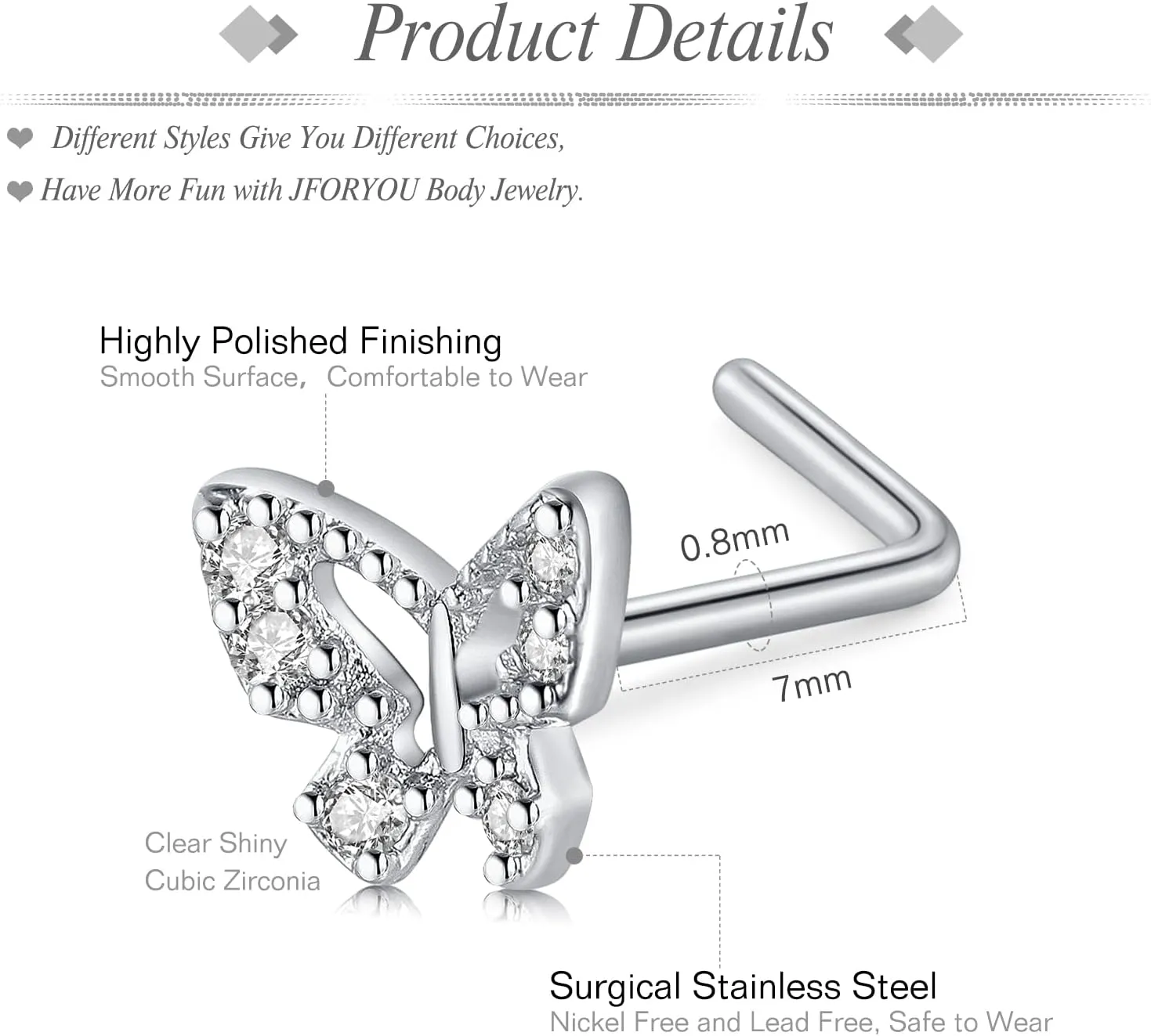 JFORYOU 20G Nose Studs Nose Rings Hoop Surgical Steel CZ Opal Nose Rings Piercings Hoop Jewelry Various Style and Color