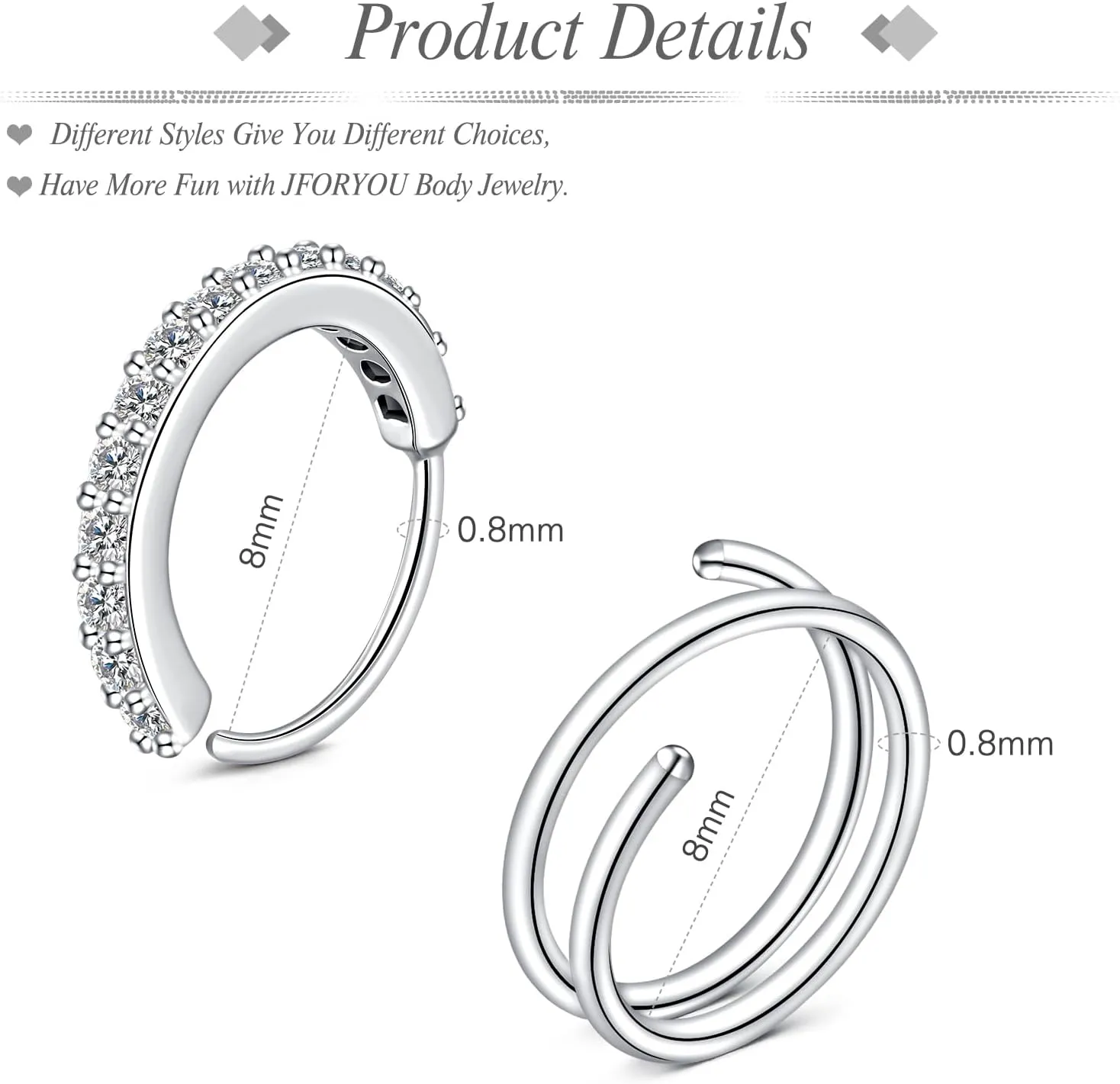 JFORYOU 20G Nose Studs Nose Rings Hoop Surgical Steel CZ Opal Nose Rings Piercings Hoop Jewelry Various Style and Color