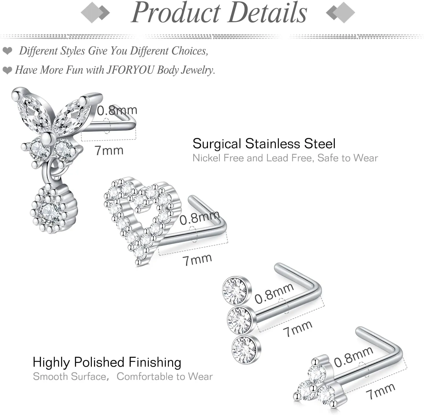 JFORYOU 20G Nose Studs Nose Rings Hoop Surgical Steel CZ Opal Nose Rings Piercings Hoop Jewelry Various Style and Color