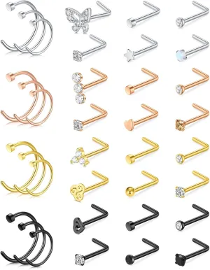 JFORYOU 20G Nose Studs Nose Rings Hoop Surgical Steel CZ Opal Nose Rings Piercings Hoop Jewelry Various Style and Color