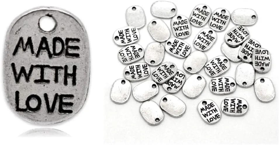 JGFinds Made with Love Message Charms, 200 pcs, Silver Tone, 11 x 8mm (3/8 Inch) DIY jewelry Making Supplies