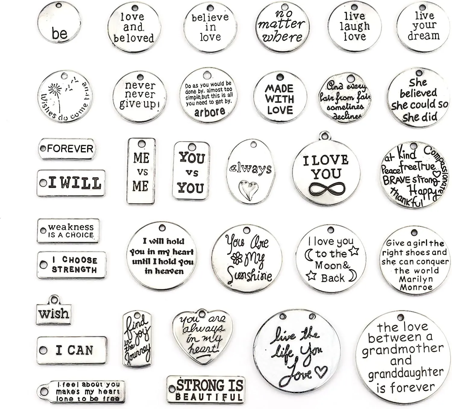 JIALEEY Motivational Charms, Wholesale Bulk Lots Inspirational Message Charm Pendants for Crafting, Jewelry Findings Making Accessory For DIY Necklace Bracelet, 30PCS